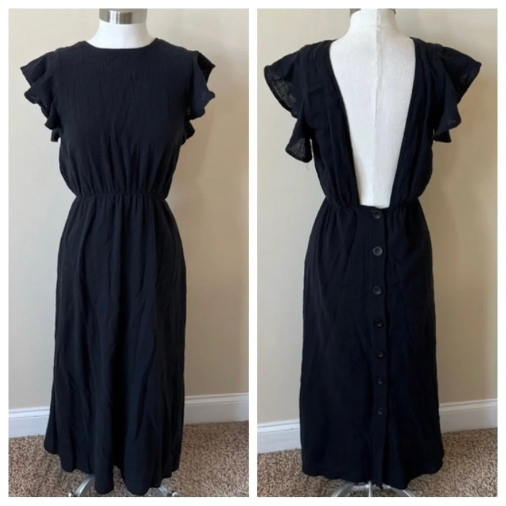 Rachel Pally open button back ruffle sleeve midi dress solid black 13415